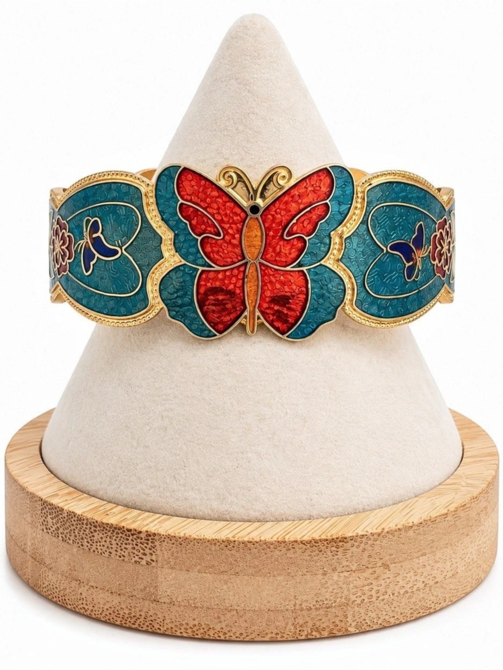 Butterfly Cloisonné Enamel Hinged Cuff Bracelet Teal Red Gold Tone Boho